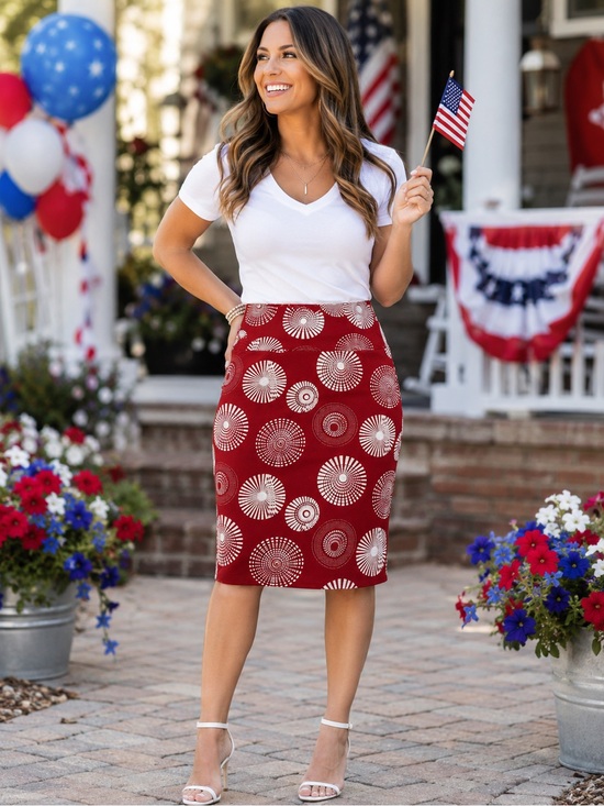 LuLaRoe Dresses & Skirts - LuLaRoe Red Printed Pencil Skirt with Circular Motif Silver